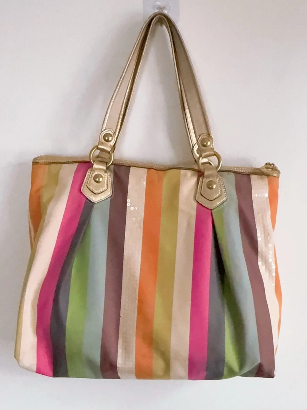 Authentic Coach Poppy Legacy Multicolor Stripes Tote Sequin & Gold Leather - Picture 5 of 12